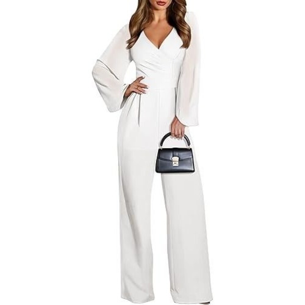 Pink Queen Women's Jumpsuits LARGE Off-White Chiffon Sleeve V-Neck Wide Leg